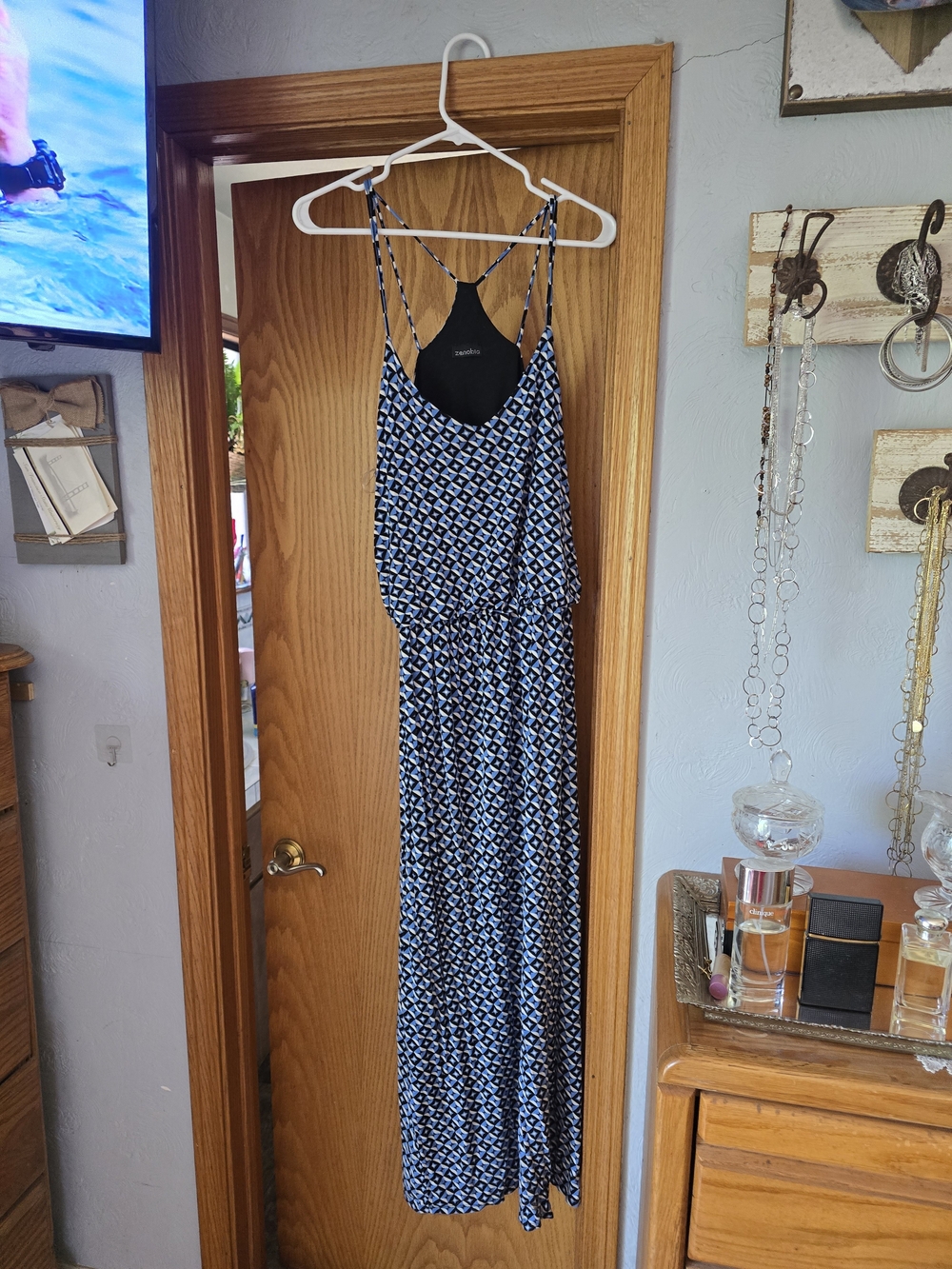 Zenobia Blue Geometric Maxi Dress with Spaghetti Straps
